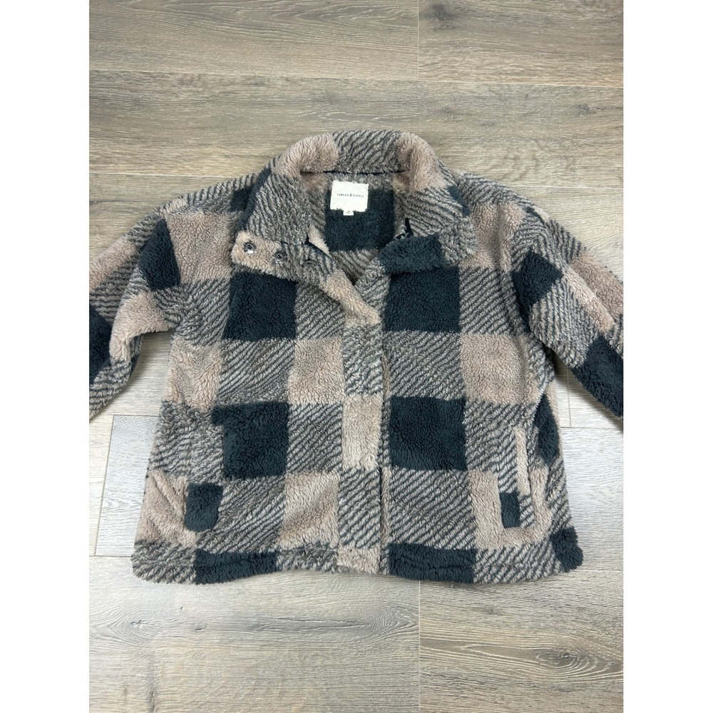 Thread & Supply Women Medium Buffalo Plaid Sherpa Fleece Jacket Grey Taupe Snap